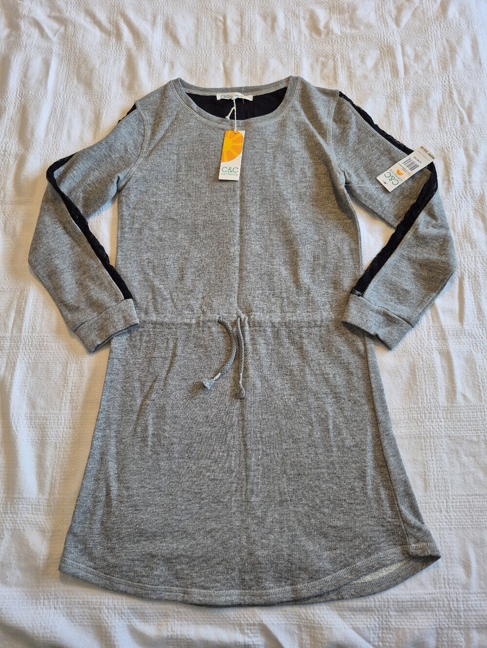 C & C California girls size L 12/14 gray sweartshirt dress lace on sleeve NWT